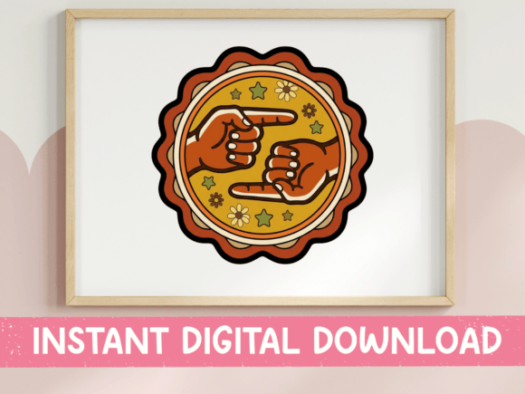 Finger Guns Retro Groovy Badge Sticker: Graphics & Crafts with 70s Nostalgia