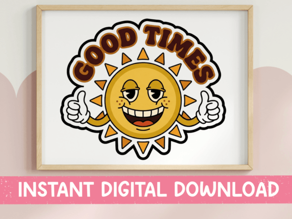 Good Times Retro Sun Character Sticker: Graphics & Crafts for a Sunny Brand