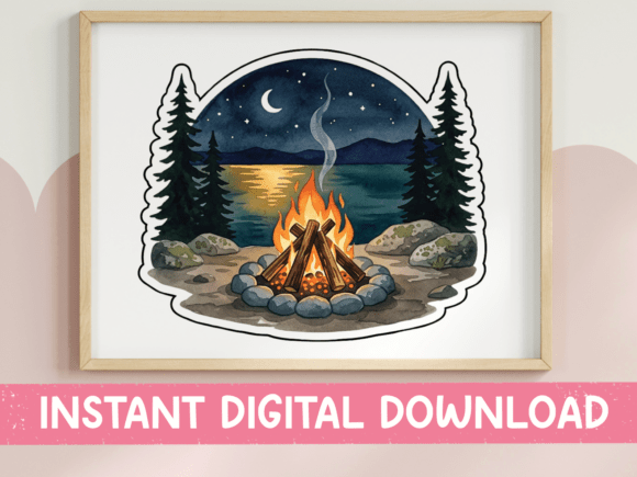 Lakeside Campfire Night Sticker: Graphics for Crafts & Content